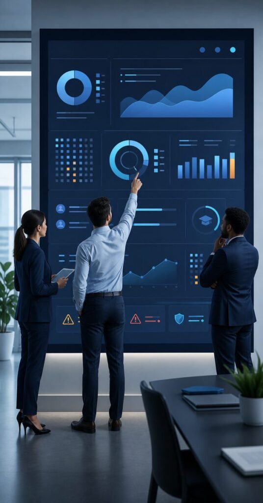 Painel digital com gráficos, indicadores de progresso, relatórios e alertas para análise de treinamentos corporativos.