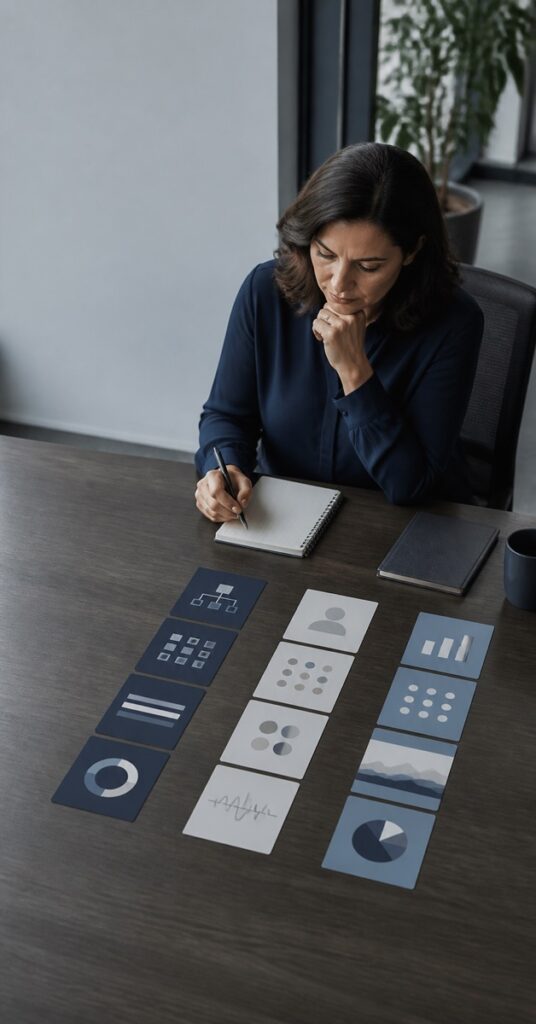 Liderança de RH analisa caminhos visuais de gestão, personalização e dados para escolher uma plataforma de aprendizagem com IA.