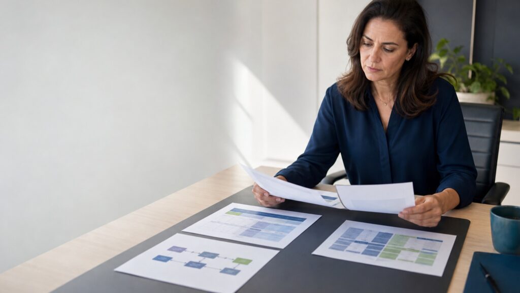 Liderança de RH analisa propostas e componentes do custo total de uma plataforma de treinamento em uma mesa de trabalho.