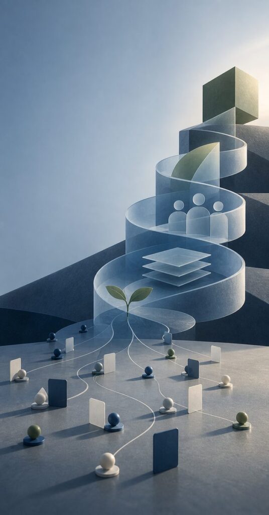 Ilustração vertical abstrata em azul e cinza mostra dados de participação conectando-se em camadas de aprendizagem, comportamento e decisão de negócio.