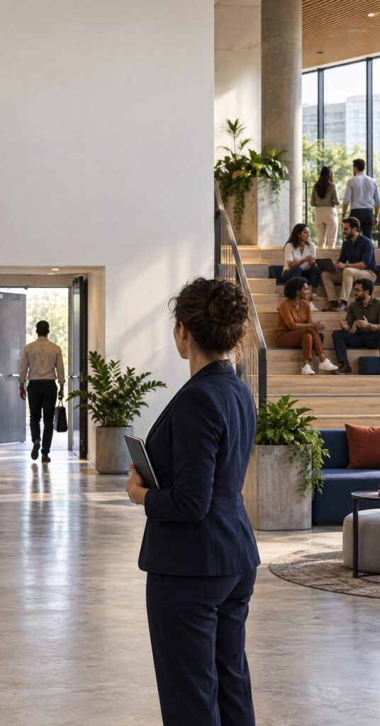 Profissional de RH observa duas trajetórias em um ambiente corporativo: uma leva à colaboração e ao desenvolvimento, enquanto outra se dirige à saída.