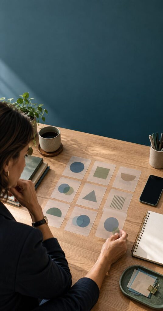Profissional de T&D organiza cartões abstratos em uma matriz de decisão sobre uma mesa, com espaço livre na parte superior da imagem.